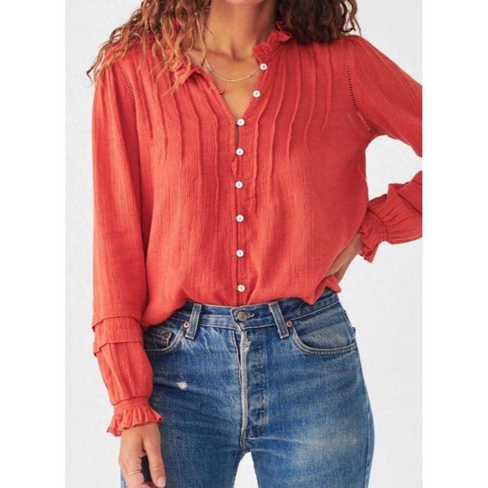 Faherty Women’s Small Willa Top Long Sleeve Organic Cotton Carmine Red
